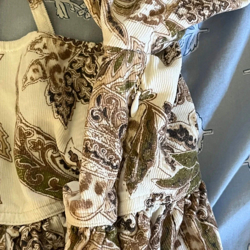 Anthropologie Pilcro Square-Neck Corduroy Babydoll Mini Dress‎ Brown Paisley XS
